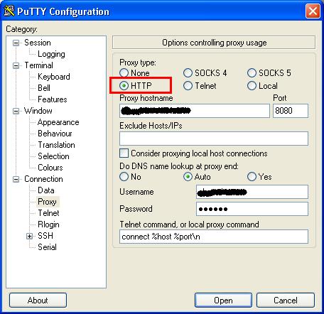 Putty: Configuración Proxy